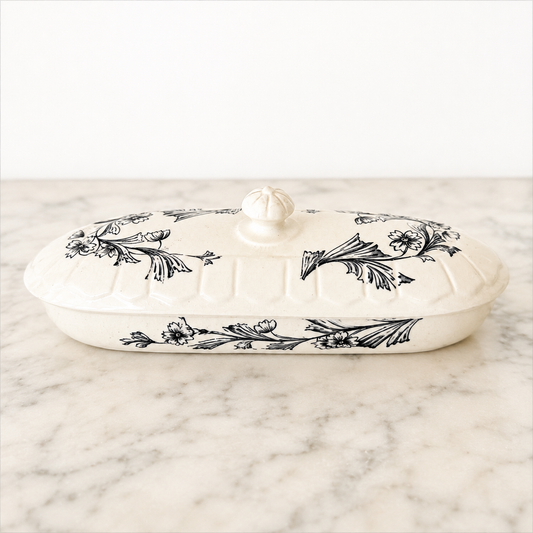 Vintage Black & White Transferware Ceramic Toothbrush Holder