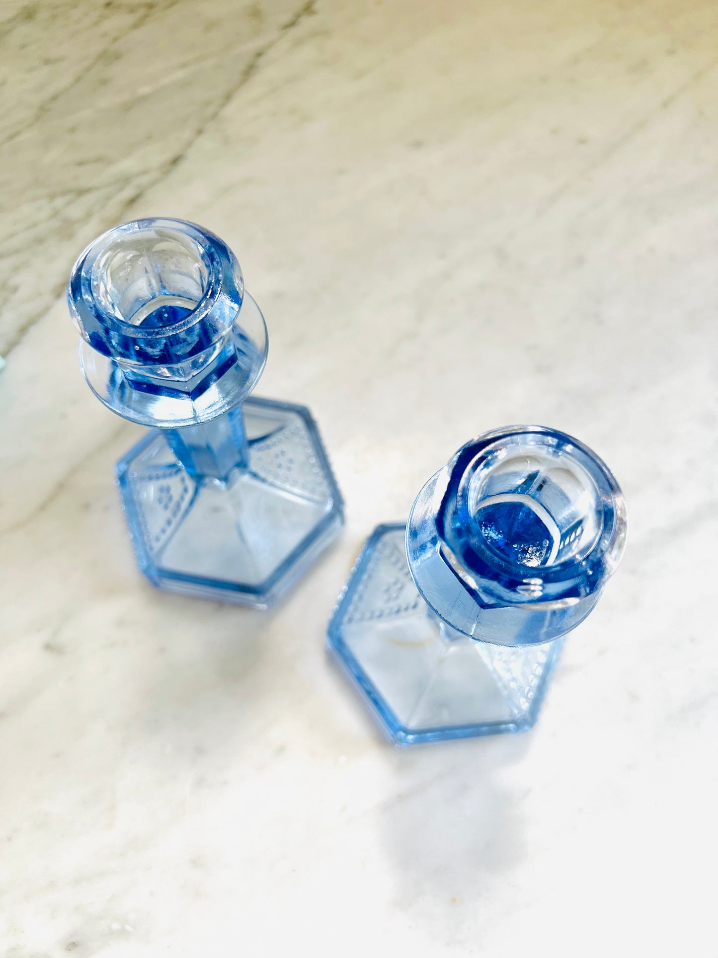 French Art Deco Glass Candleholders in Blue