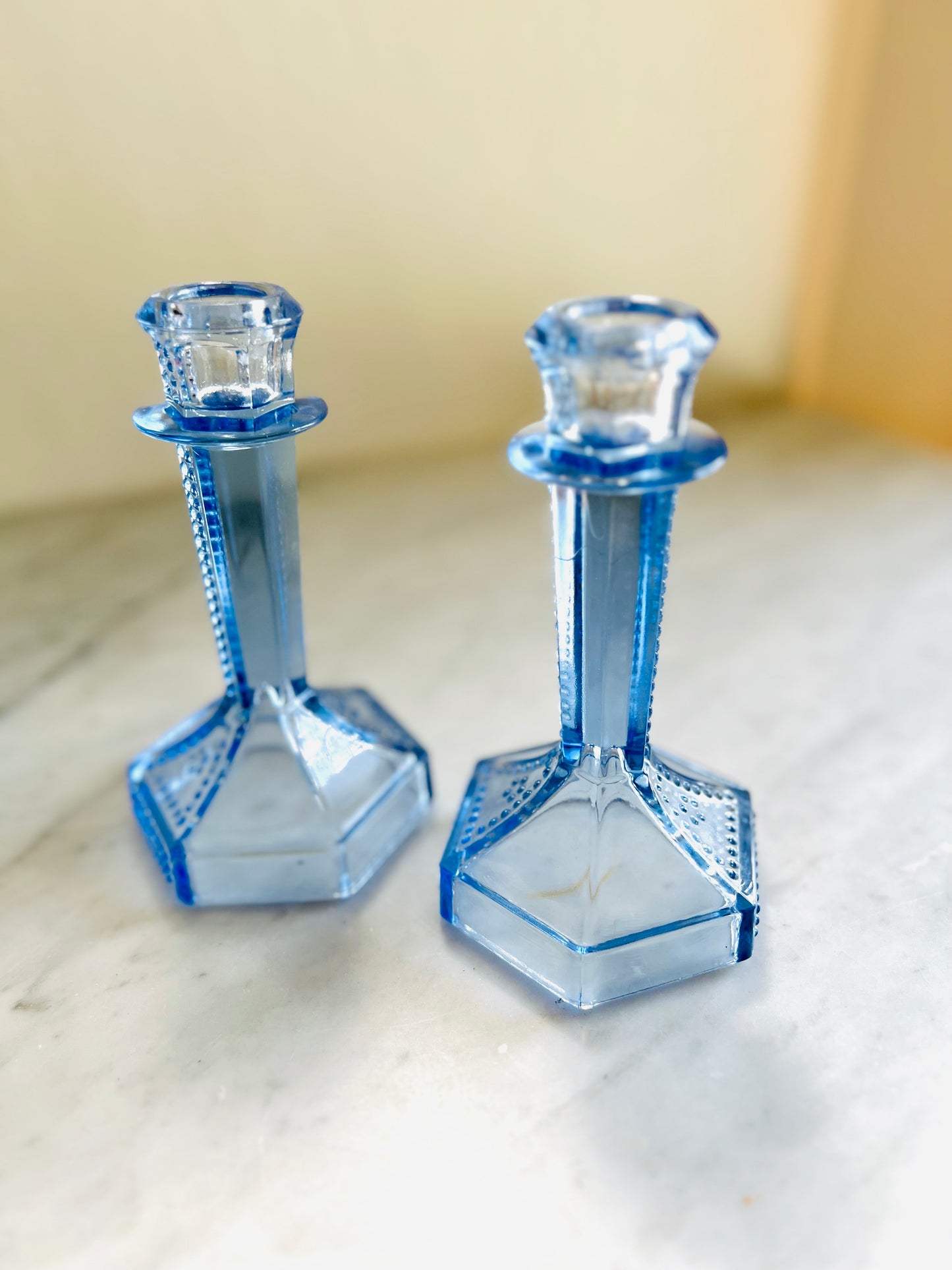 French Art Deco Glass Candleholders in Blue