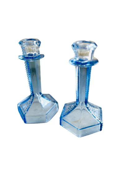 Art Deco French Blue Glass Candle Holders