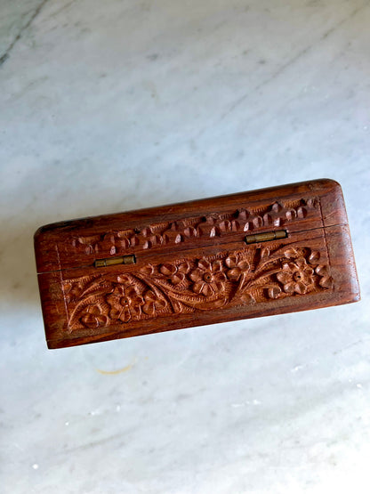 Indian Hand Carved Wooden Trinket Box with Inlay
