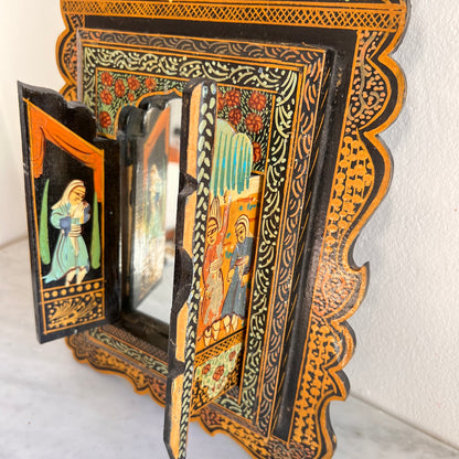 Antique Persian Qajar Wall Mirror Hand Painted With Two Doors