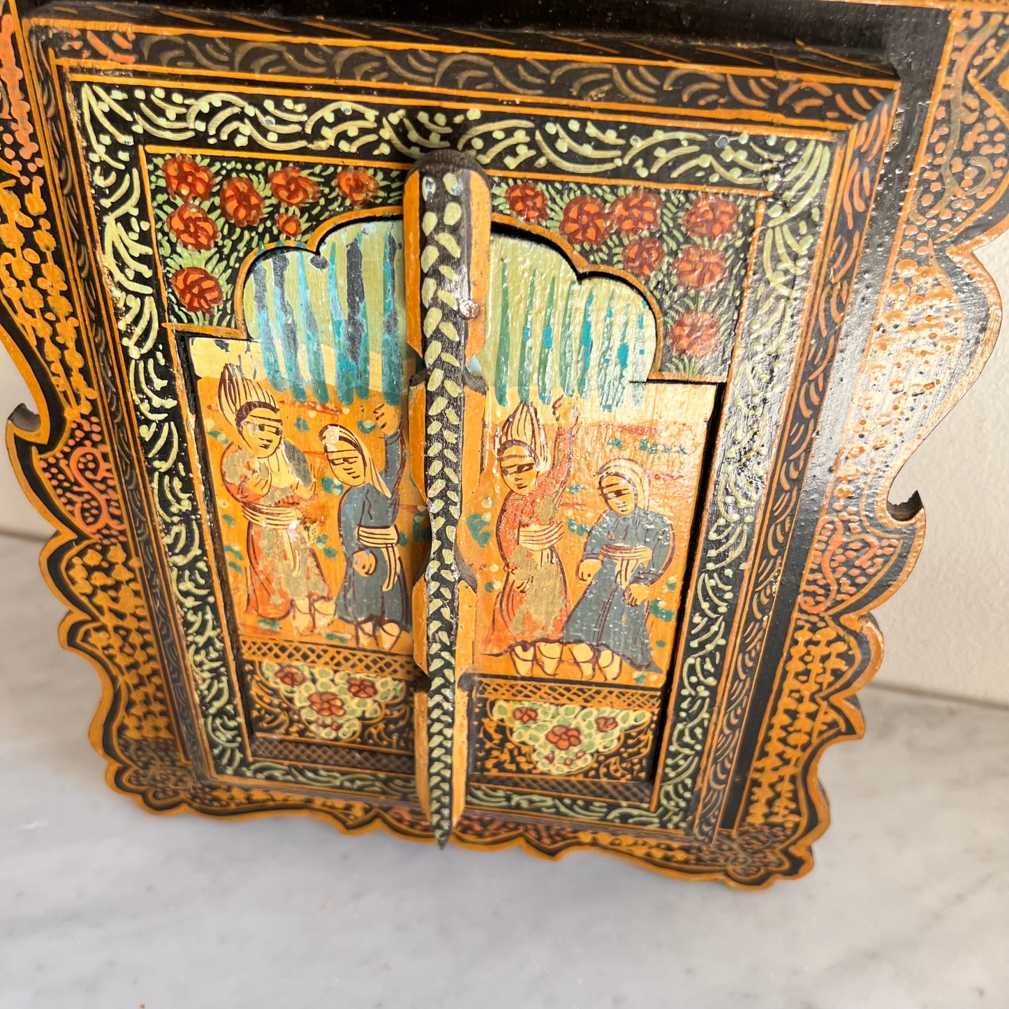 Antique Persian Qajar Wall Mirror Hand Painted With Two Doors