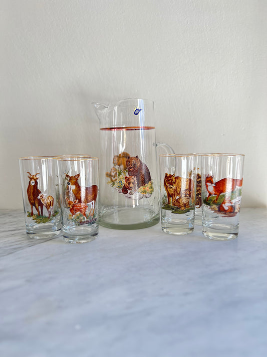 Mid Century Hunting Bear Glasses Set with Pitcher by West Virgina Glass Co (7 - piece set)