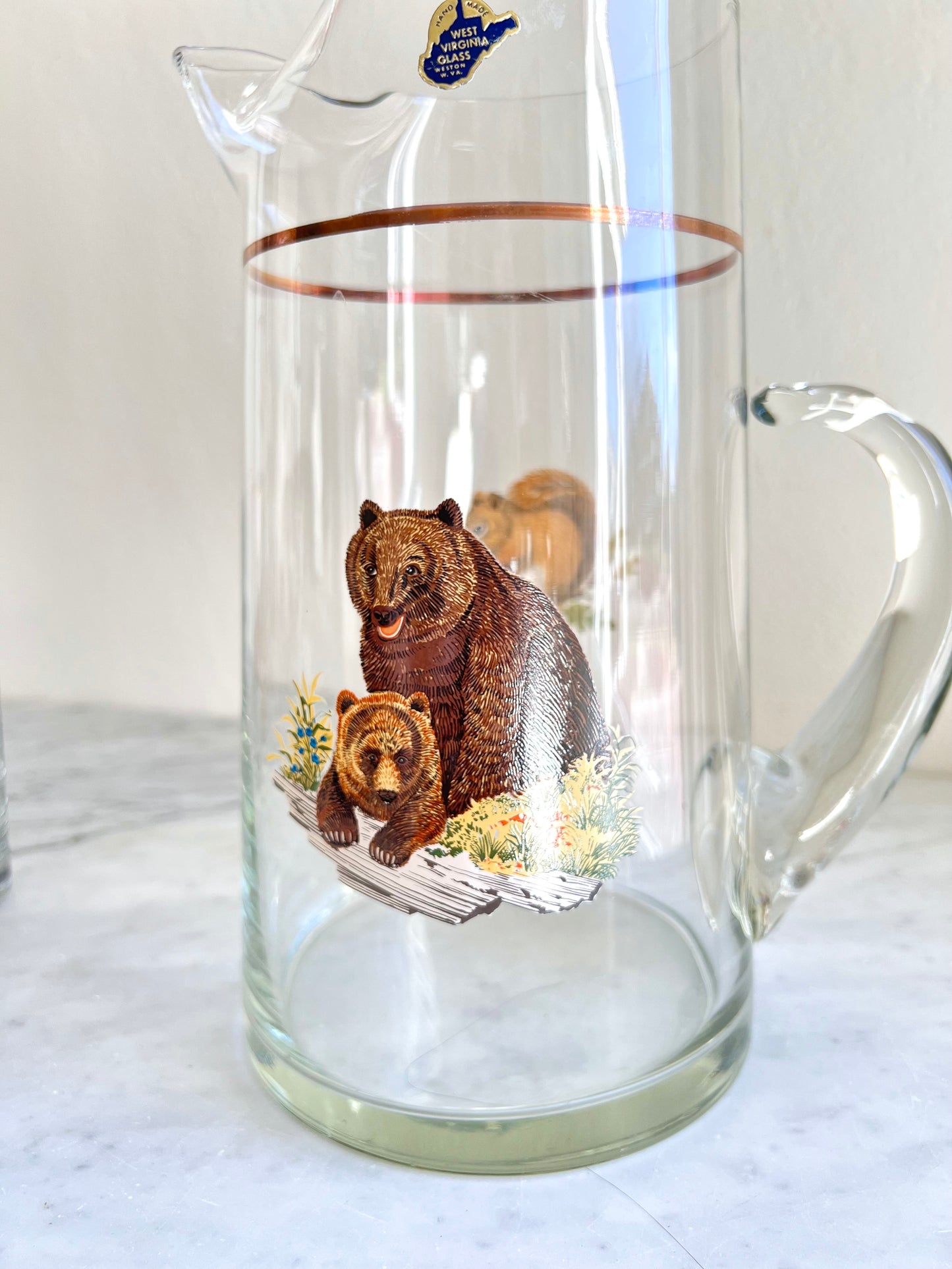 Mid Century Hunting Bear Glasses Set with Pitcher by West Virgina Glass Co (7 - piece set)