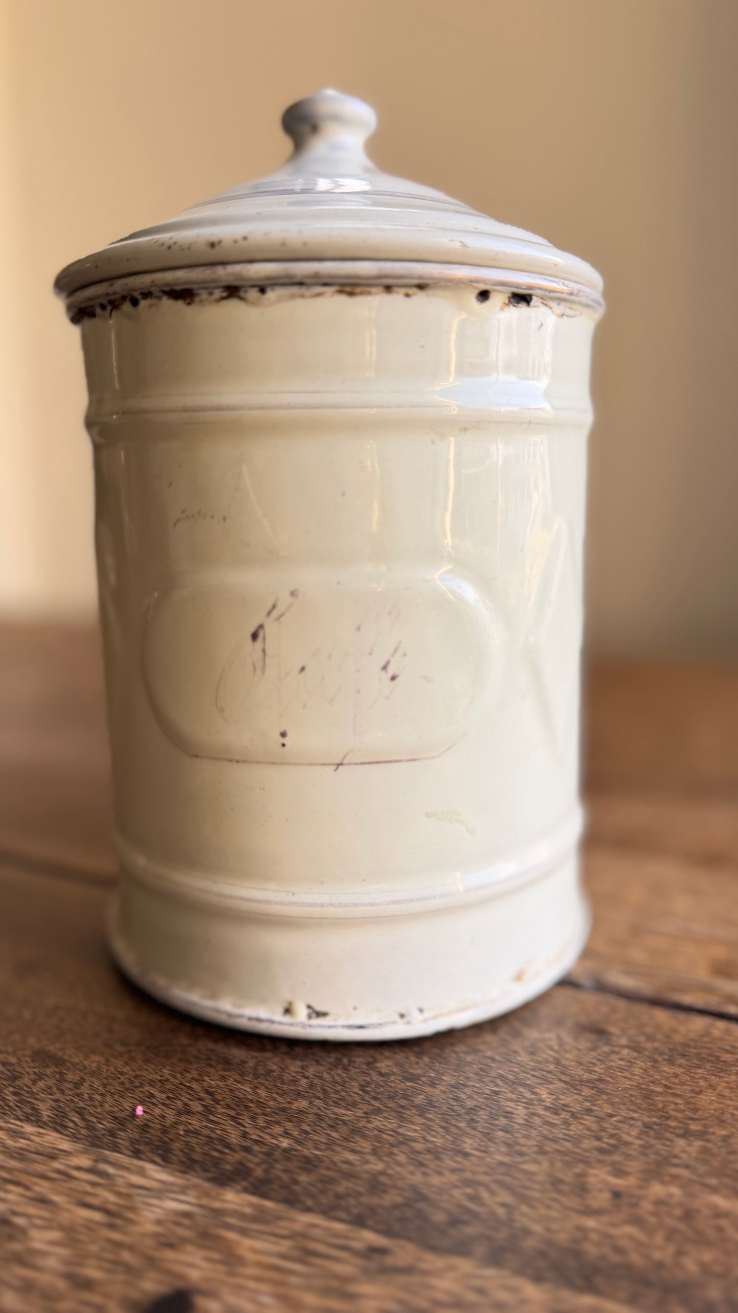 Vintage French 'Cafe' Coffee Enamelware Canister with Lid | Farmhouse Kitchen Storage