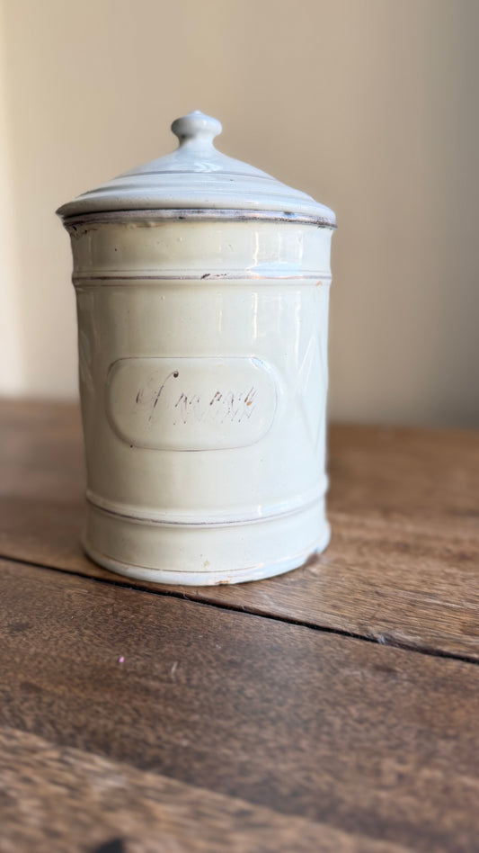 Vintage French White Enamel Sucre Canister with Lid | Sugar Storage