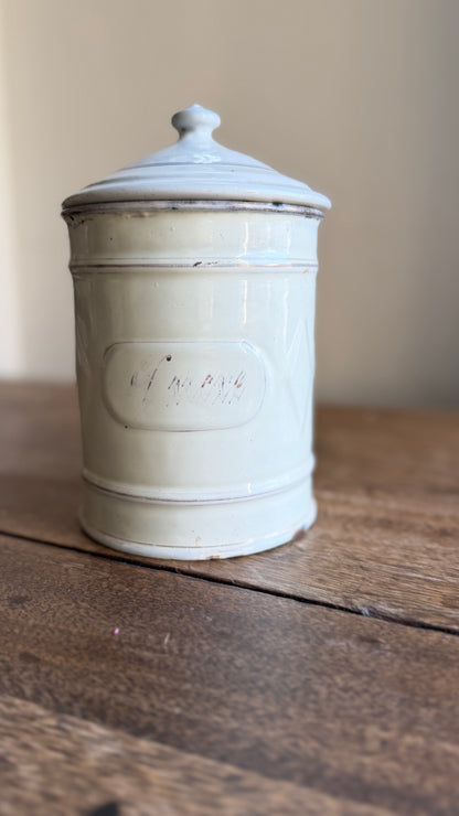 Vintage French White Enamel Sucre Canister with Lid | Sugar Storage
