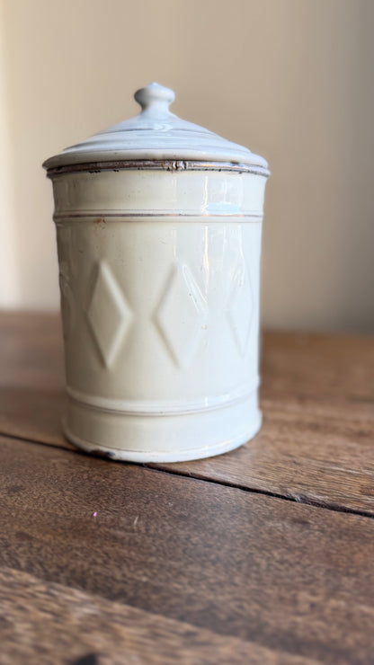 Vintage French White Enamel Sucre Canister with Lid | Sugar Storage