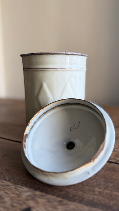 Vintage French White Enamel Sucre Canister with Lid | Sugar Storage