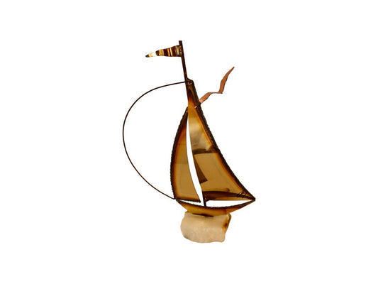 Vintage Brass Sailboat Sculpture on Quartz base Signed by Artist, Mid century modern decor