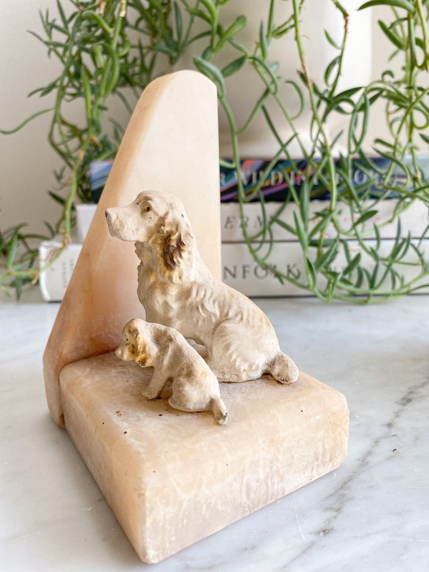 Vintage Alabaster Dog Bookends - Painted Spelter Spaniel & Scottie Dogs