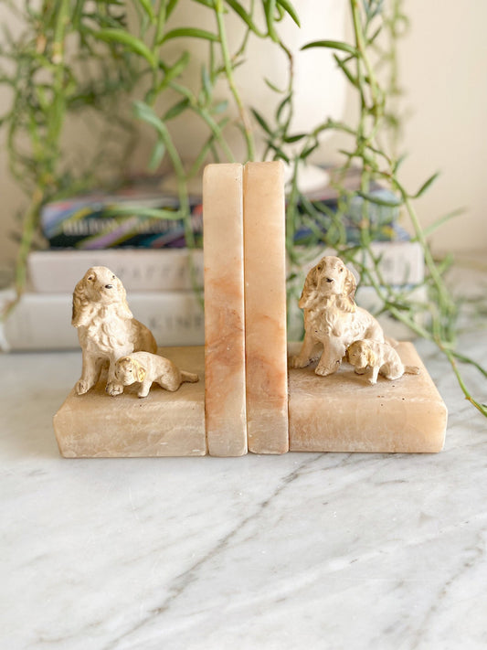 Alabaster Bookends - Painted Spelter Spaniel & Scottie Dogs