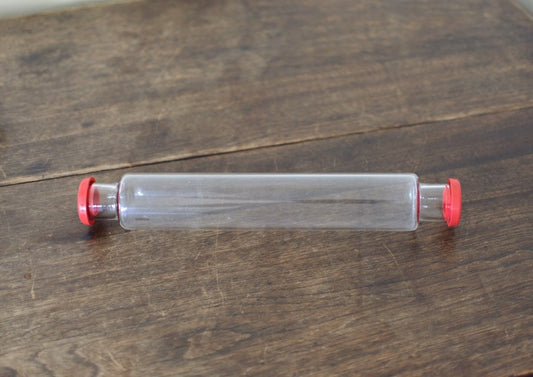 JAJ Pyrex Glass Pastry Rolling Pin with Red end caps, Collectible Pyrex Glass, 13" Hollow Glass, Made in England, Birthday Gift
