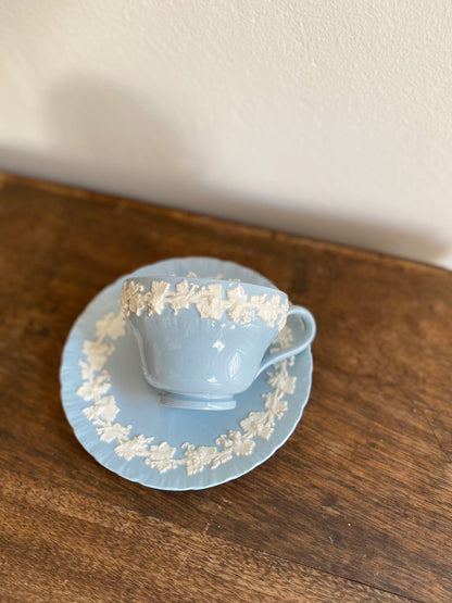 Wedgwood Queensware Teacup and Saucer, Vintage Blue and White Tea Set, Made in England, Gift for Tea Lover, Collectible British china