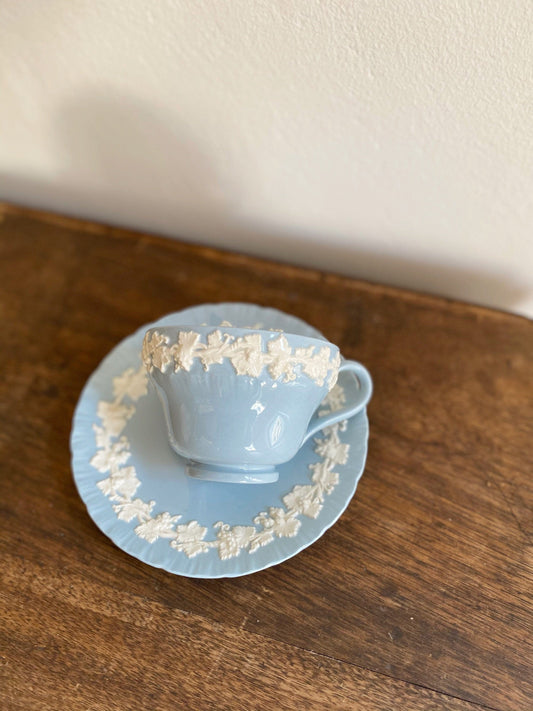 Wedgwood Queensware Teacup and Saucer, Vintage Blue and White Tea Set, Made in England, Gift for Tea Lover, Collectible British china