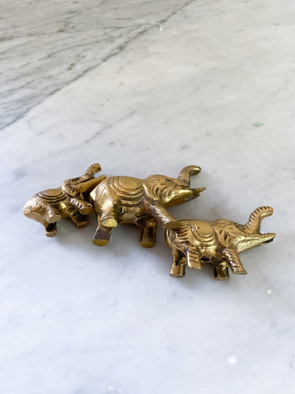 Trio of Vintage Brass Elephants Figurine Good Luck Charms