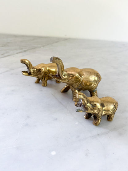 Trio of Vintage Brass Elephants Figurine Good Luck Charms