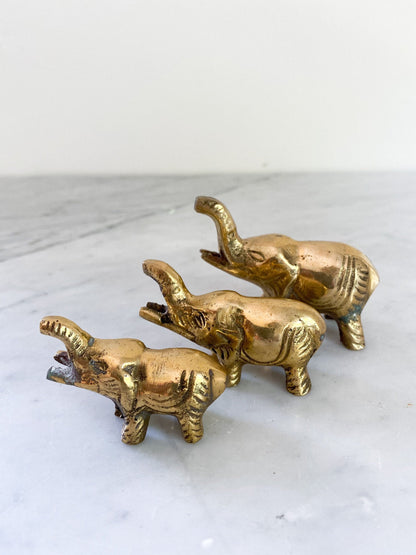 Trio of Vintage Brass Elephants Figurine Good Luck Charms