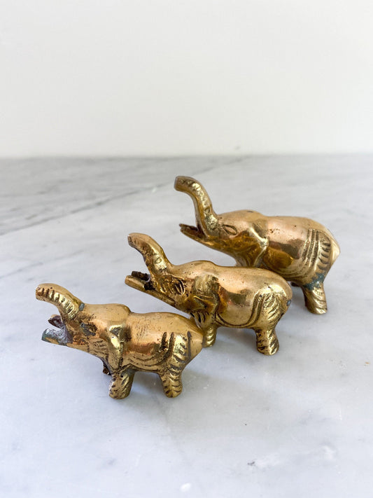 Trio of Vintage Brass Elephants Figurine Good Luck Charms