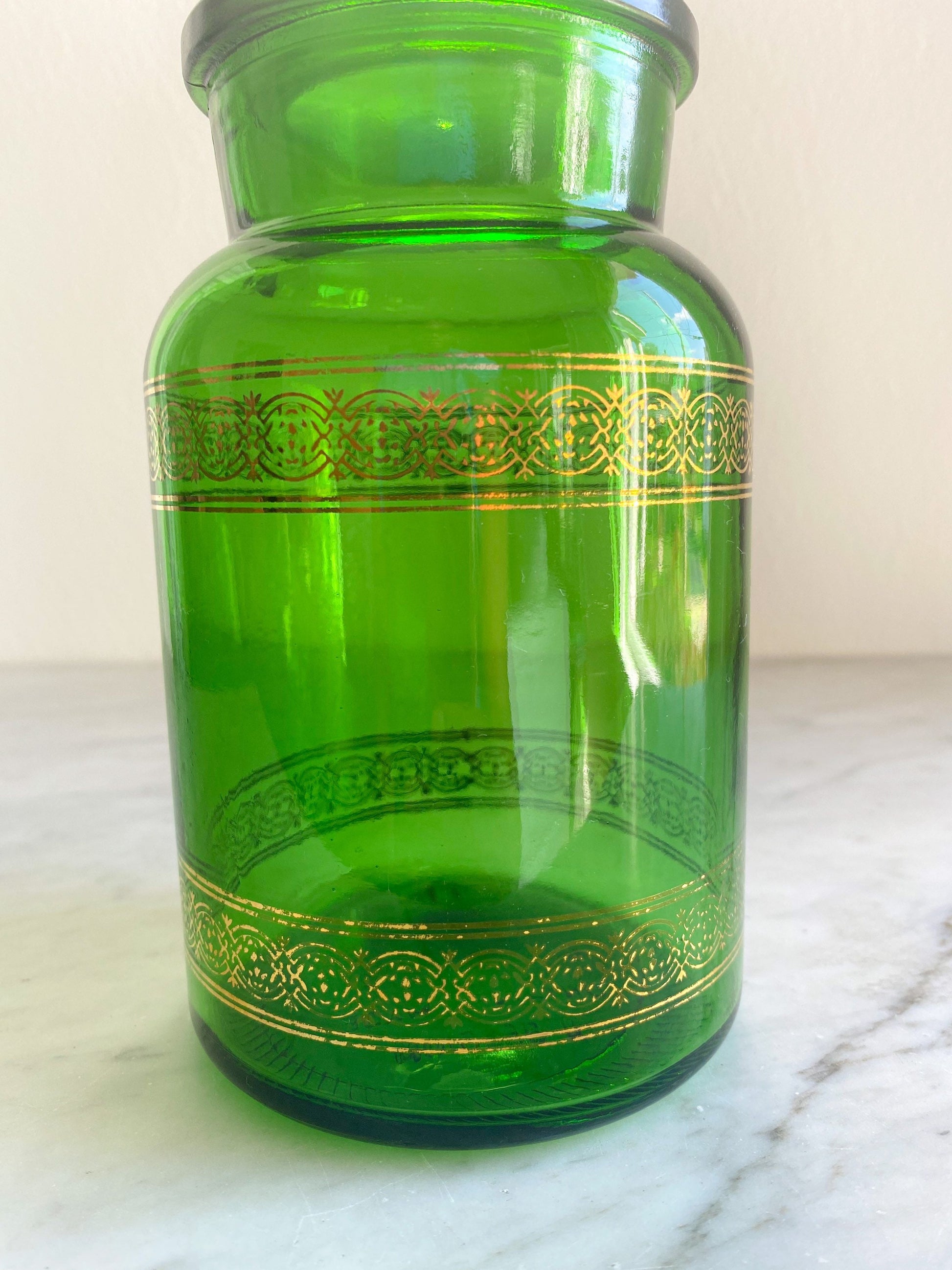 HUGE Green & Gold 9" Apothecary Glass Jar with Lid, Made in Belgium