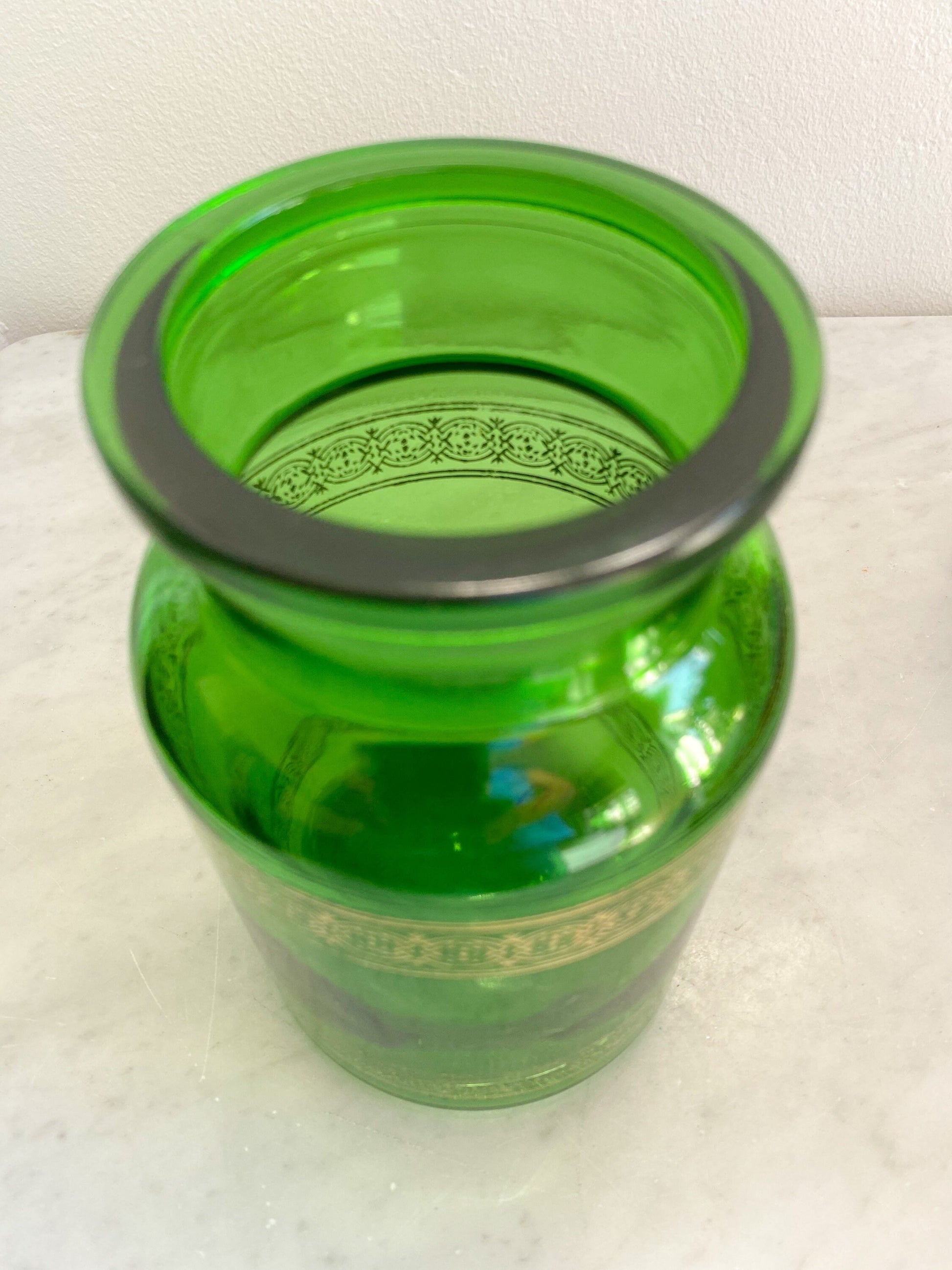 HUGE Green & Gold 9" Apothecary Glass Jar with Lid, Made in Belgium