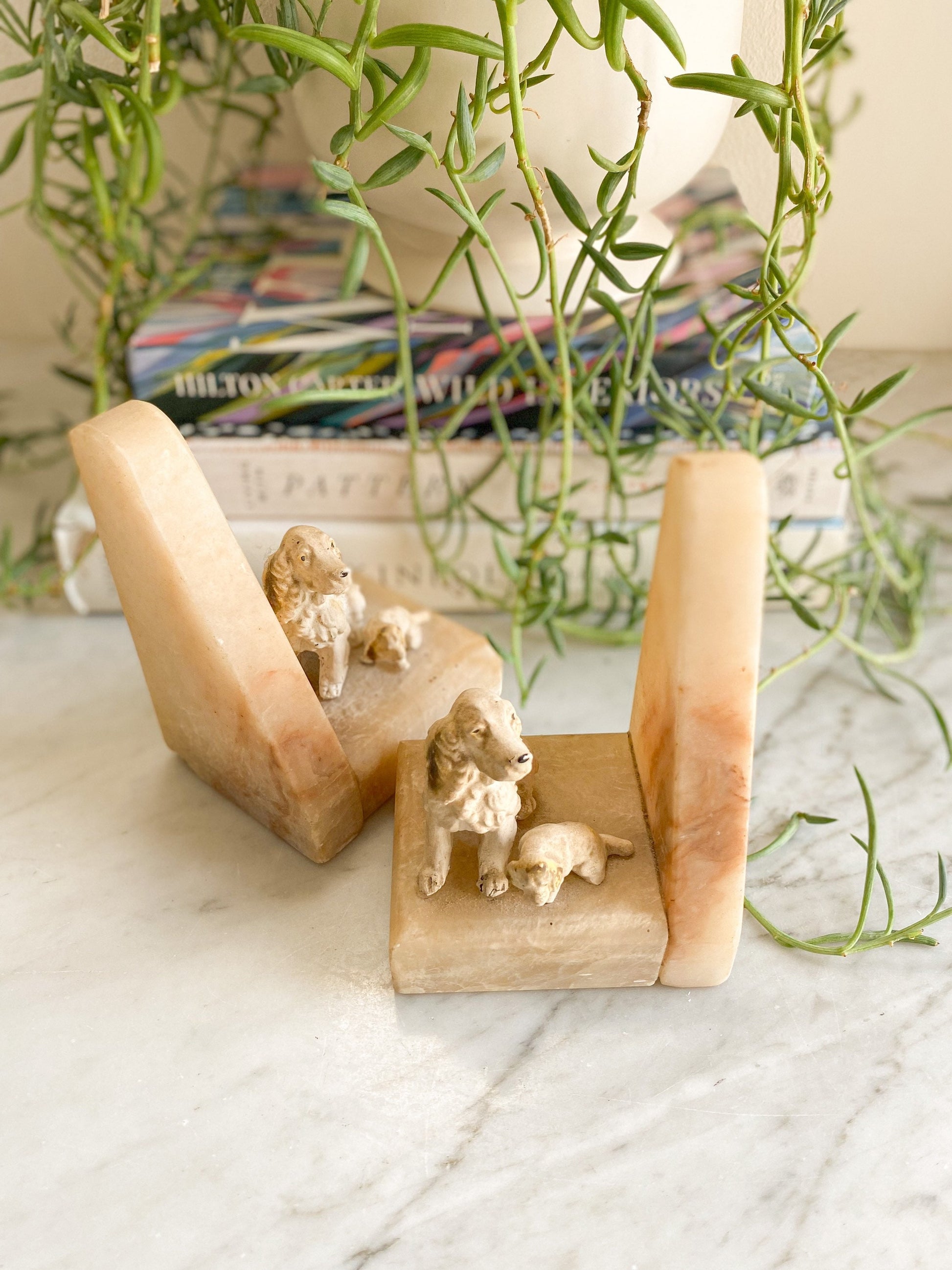 Vintage Alabaster Dog Bookends: Art Deco Library Decor