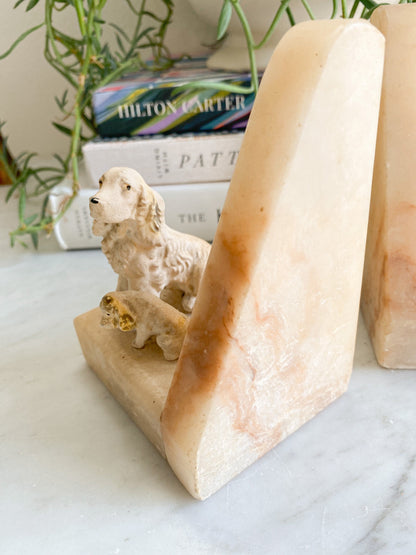 Vintage Alabaster Dog Bookends: Art Deco Library Decor