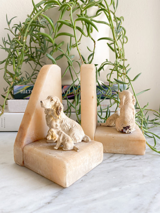 Vintage Alabaster Dog Bookends: Art Deco Library Decor
