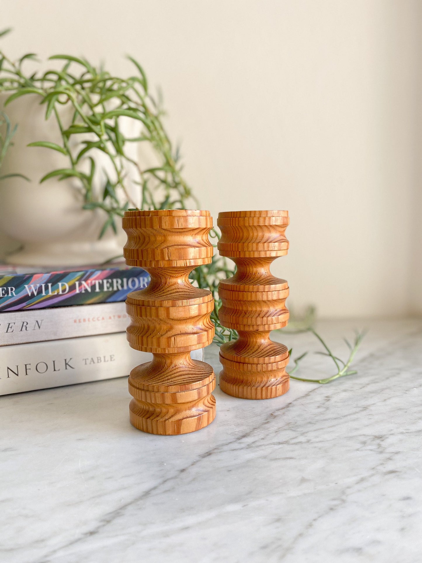 Hand Turned Pine Candleholders: Vintage Stockholm Candlesticks, Made in England
