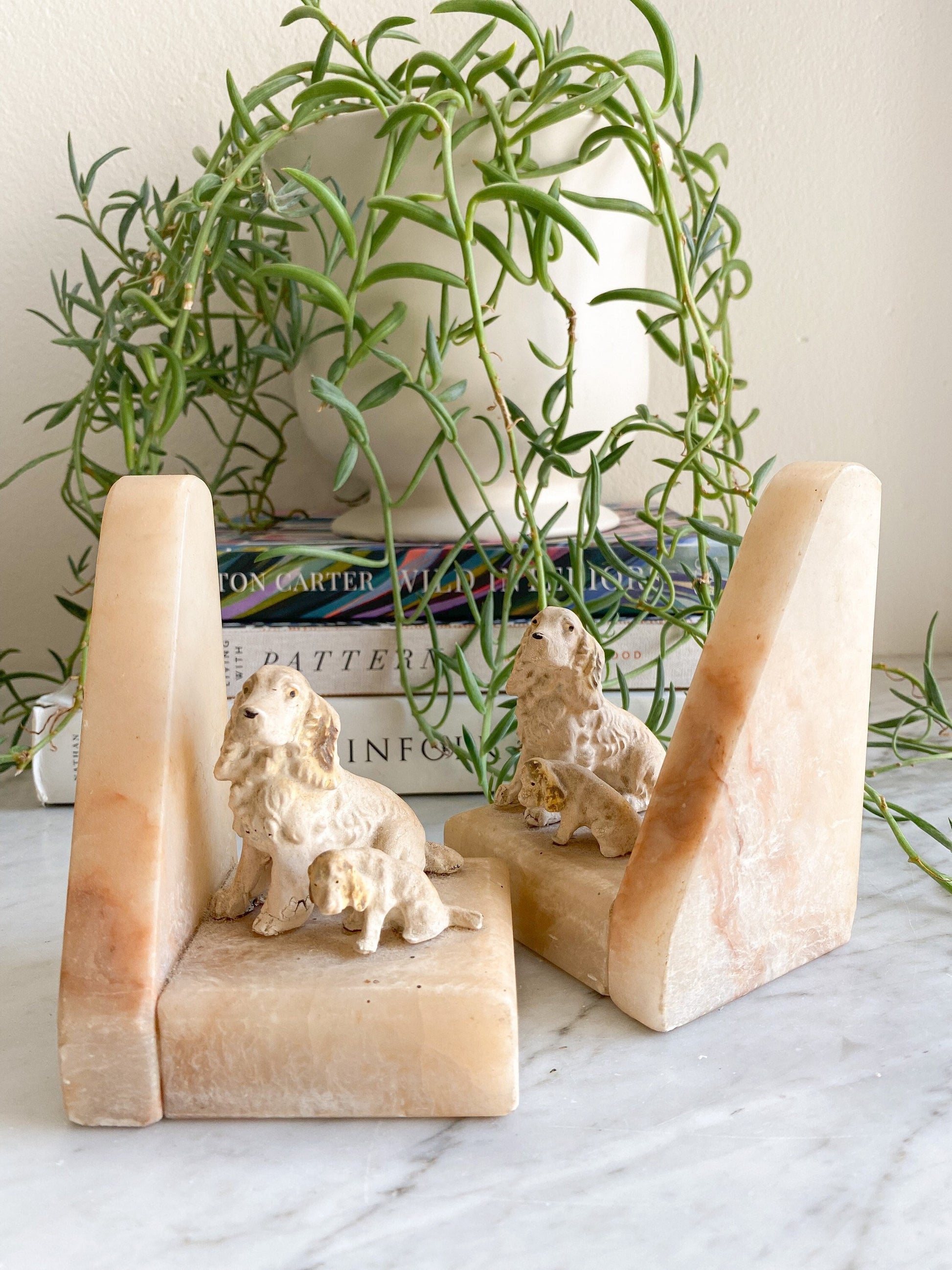 Vintage Alabaster Dog Bookends: Art Deco Library Decor
