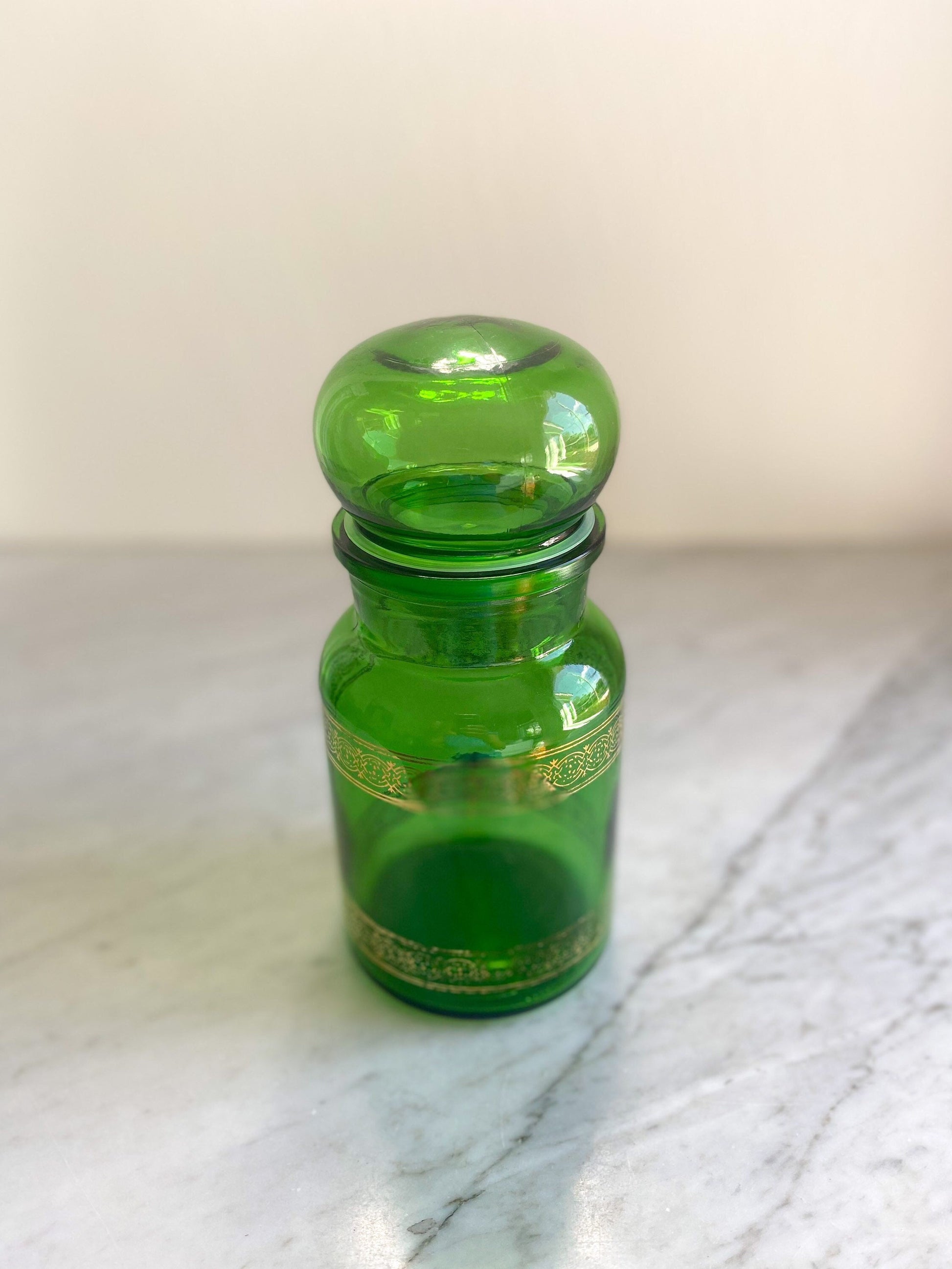 HUGE Green & Gold 9" Apothecary Glass Jar with Lid, Made in Belgium