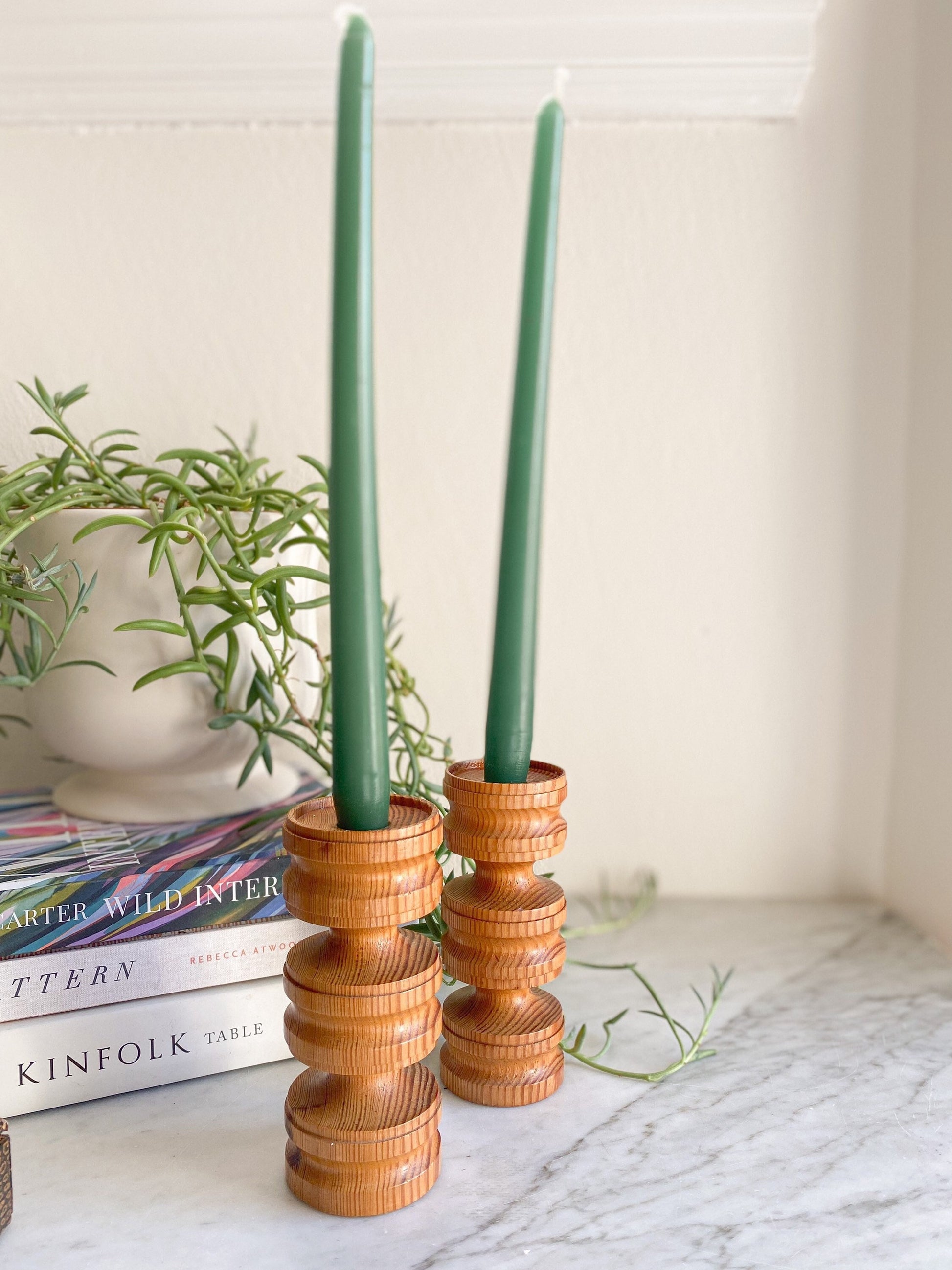 Hand Turned Pine Candleholders: Vintage Stockholm Candlesticks, Made in England
