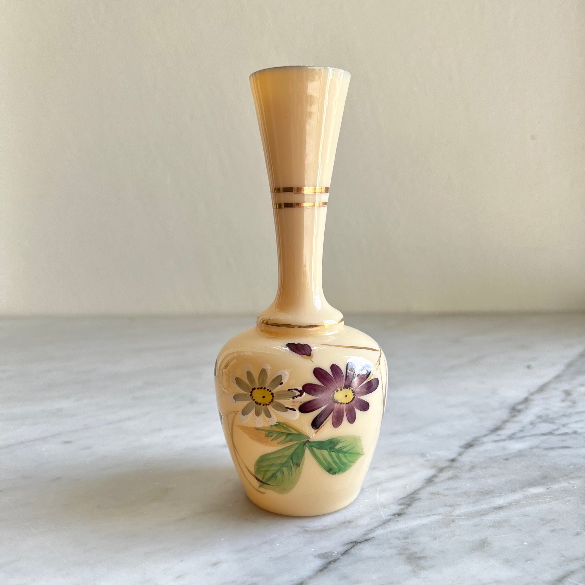 Pair Vintage Bristol Glass Bud Vases: Handpainted Floral Decor