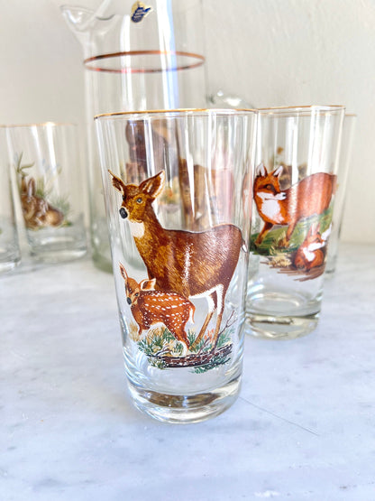 Mid Century Hunt Theme Cocktail Glasses Set with Pitcher by West Virgina Glass Co , Vintage Barware, Country Cabin Decor, Vintage Flicker