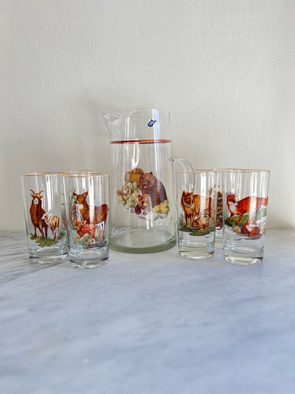 Mid Century Hunt Theme Cocktail Glasses Set with Pitcher by West Virgina Glass Co , Vintage Barware, Country Cabin Decor, Vintage Flicker