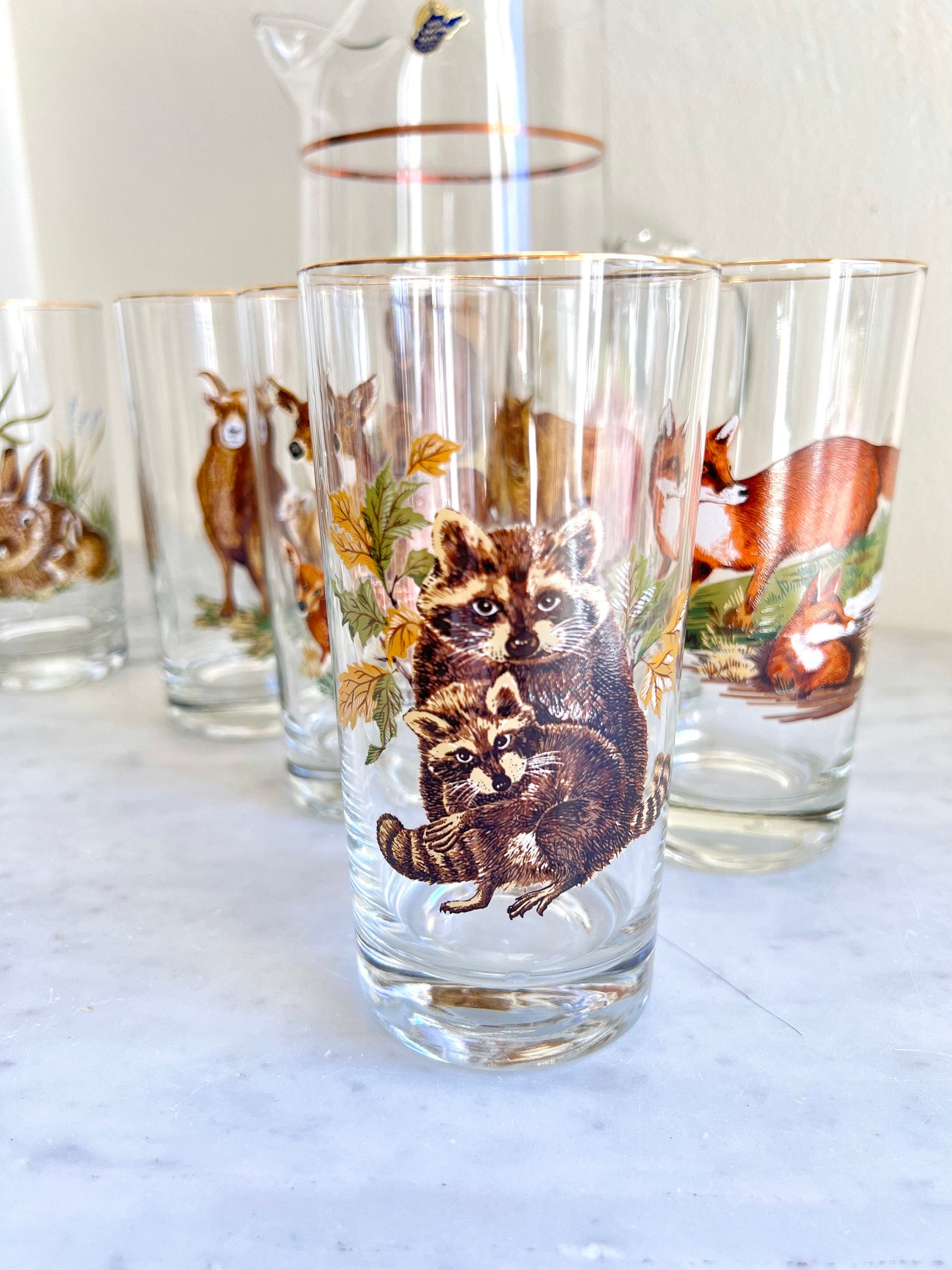 Mid Century Hunt Theme Cocktail Glasses Set with Pitcher by West Virgina Glass Co , Vintage Barware, Country Cabin Decor, Vintage Flicker