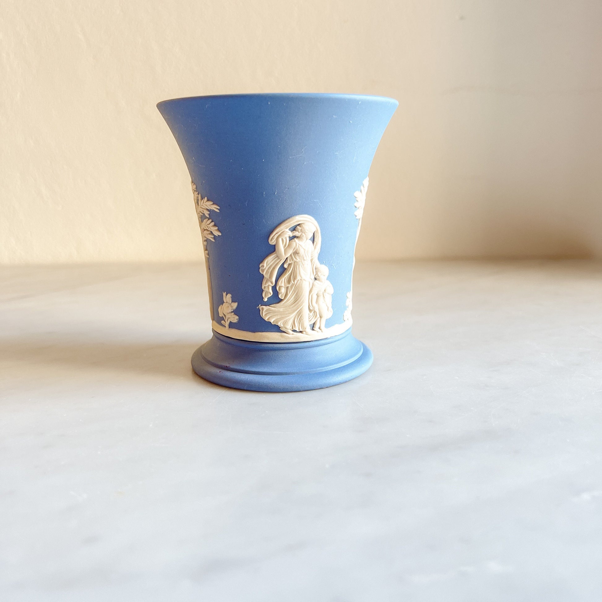Wedgwood Blue Jasperware short vase, Small vintage flower pot, Classical Figures Collectible Vase, Blue & White Pottery, Made in England