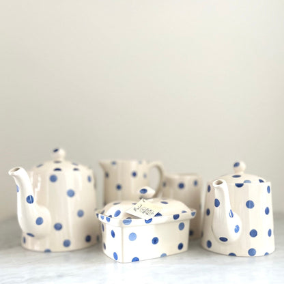 Vintage Moorland Blue Dot Tea Set: Staffordshire Pottery, England