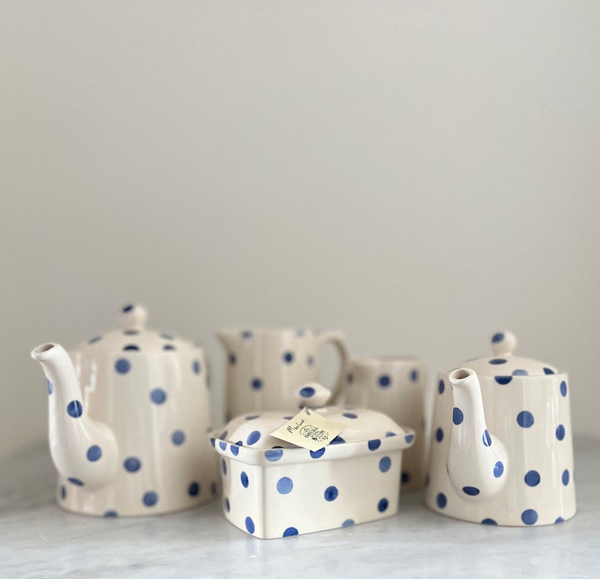 Vintage Moorland Blue Dot Tea Set: Staffordshire Pottery, England