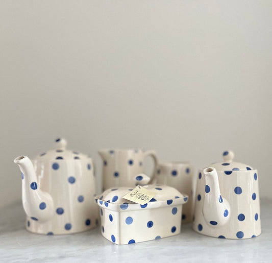 Vintage Moorland Blue Dot Tea Set: Staffordshire Pottery, England