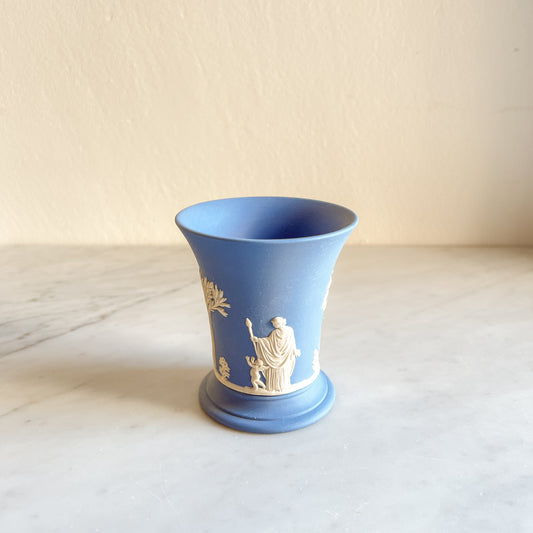 Wedgwood Blue Jasperware short vase, Small vintage flower pot, Classical Figures Collectible Vase, Blue & White Pottery, Made in England