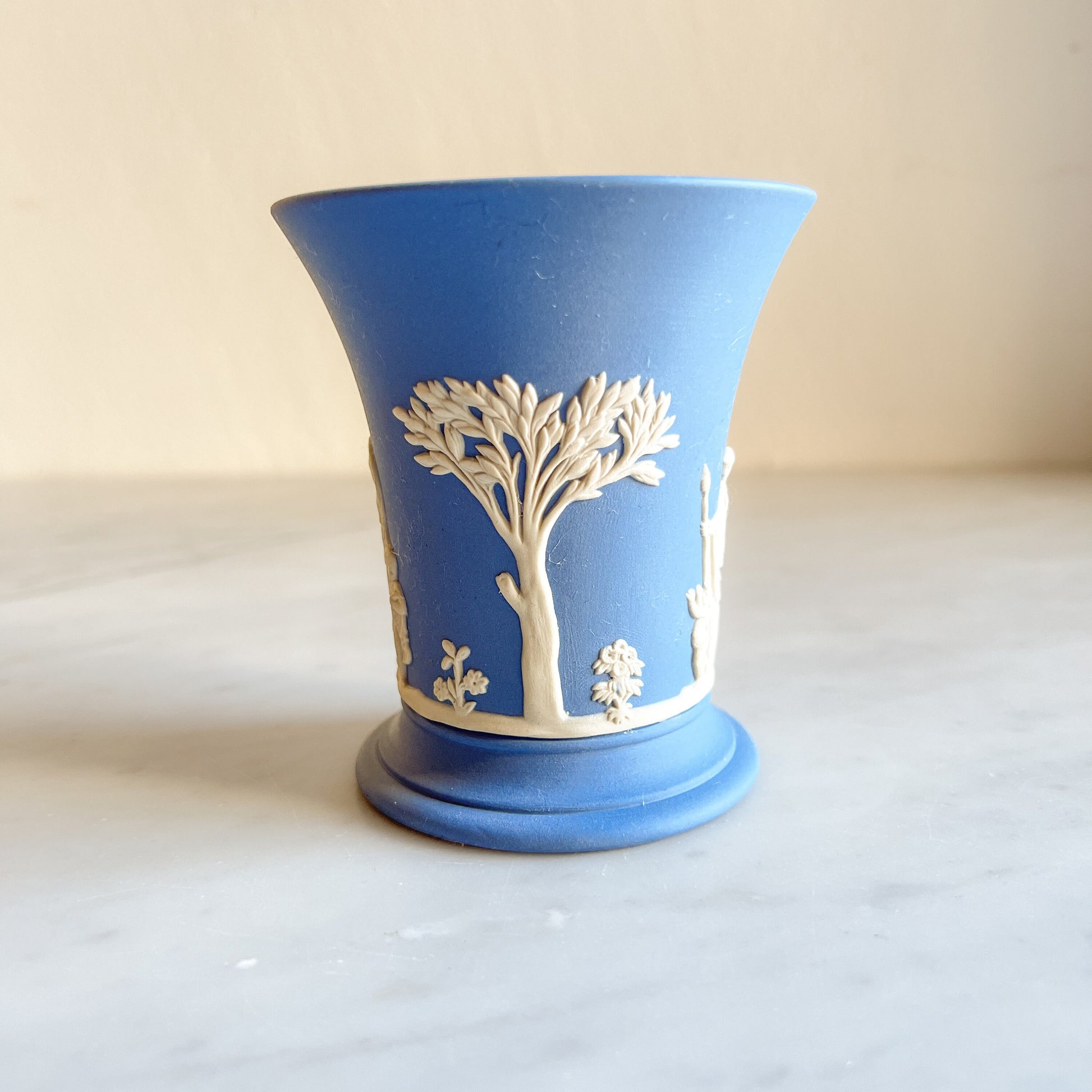 Wedgwood Blue Jasperware short vase, Small vintage flower pot, Classical Figures Collectible Vase, Blue & White Pottery, Made in England