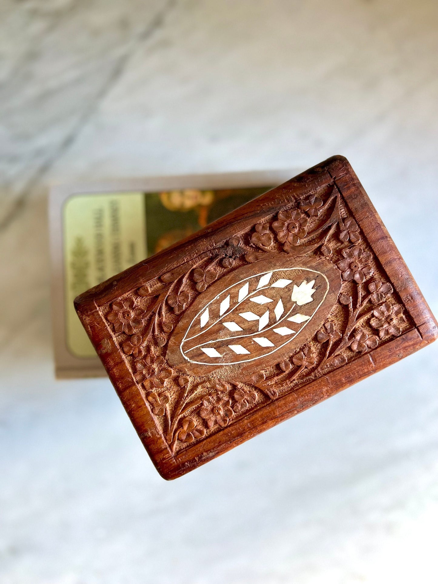 Hand Carved Kashmiri Trinket Box: Floral Inlay, Boho Decor (6"x4"x2.5")
