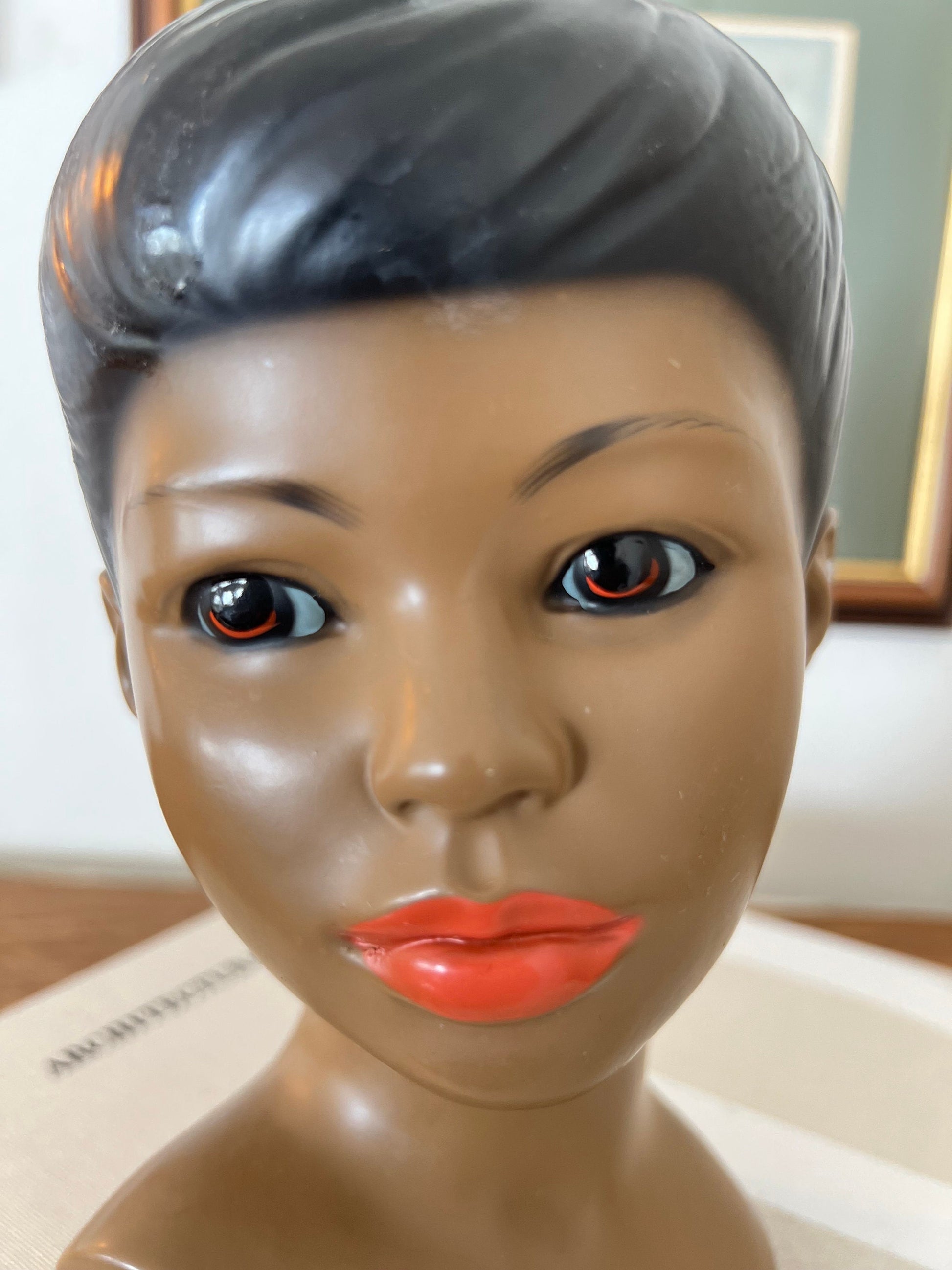 Vintage Chalkware Head Bust Sculpture by Marwal Industries, Mid Century Decor, Library Shelf Decor, Lady in Red Lipstick, Brown Skin Tone
