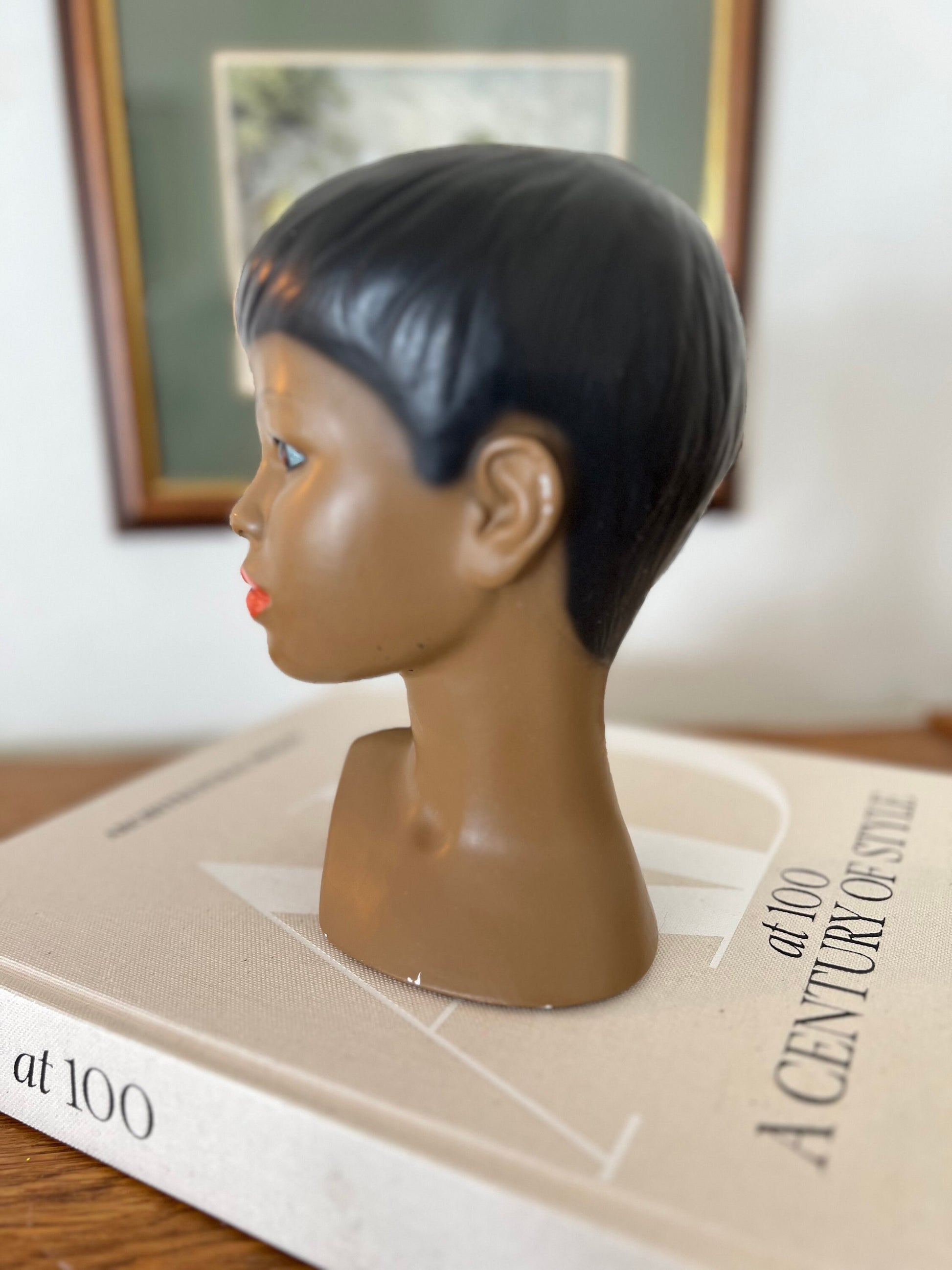 Vintage Chalkware Head Bust Sculpture by Marwal Industries, Mid Century Decor, Library Shelf Decor, Lady in Red Lipstick, Brown Skin Tone