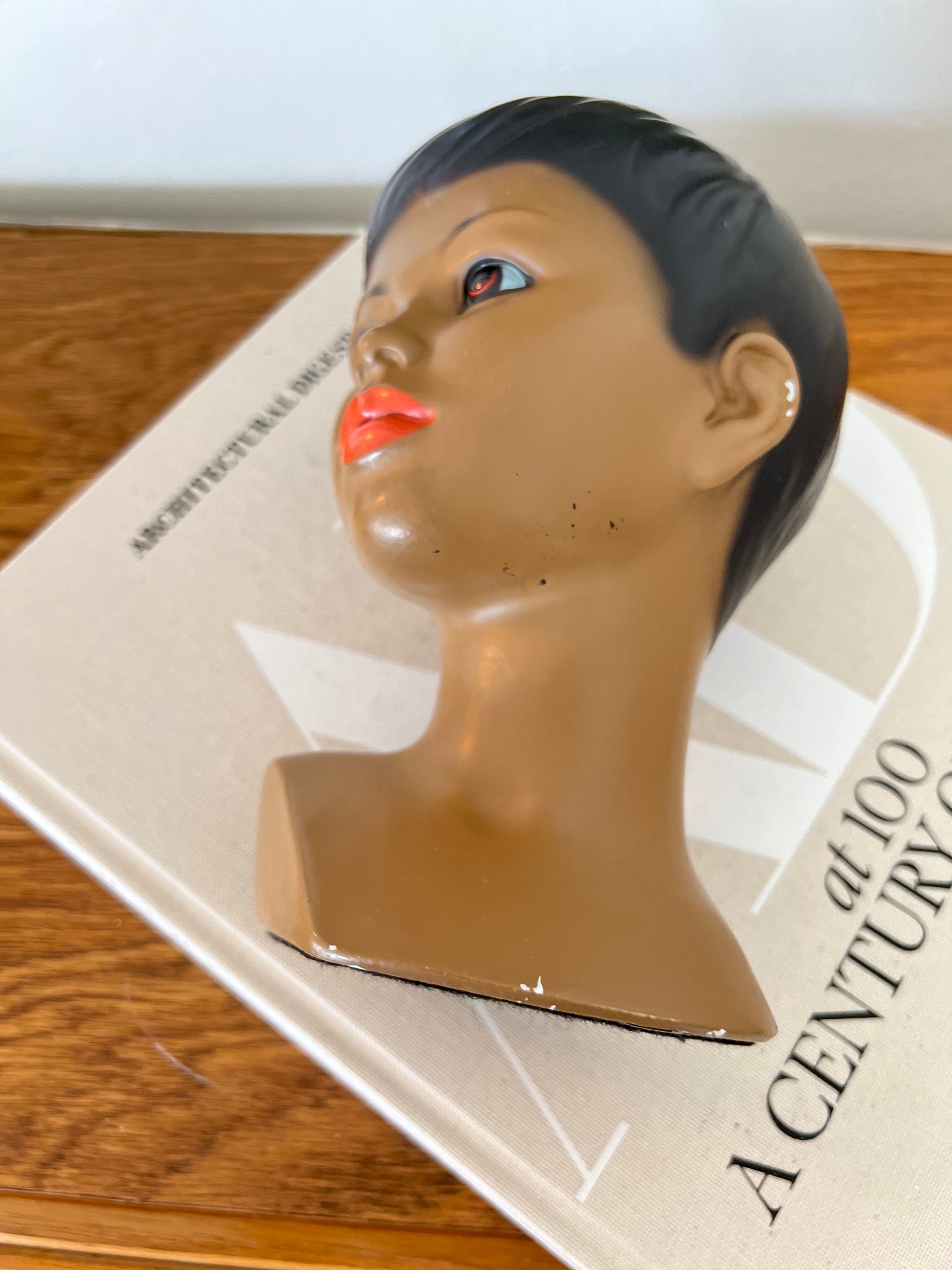 Vintage Chalkware Head Bust Sculpture by Marwal Industries, Mid Century Decor, Library Shelf Decor, Lady in Red Lipstick, Brown Skin Tone
