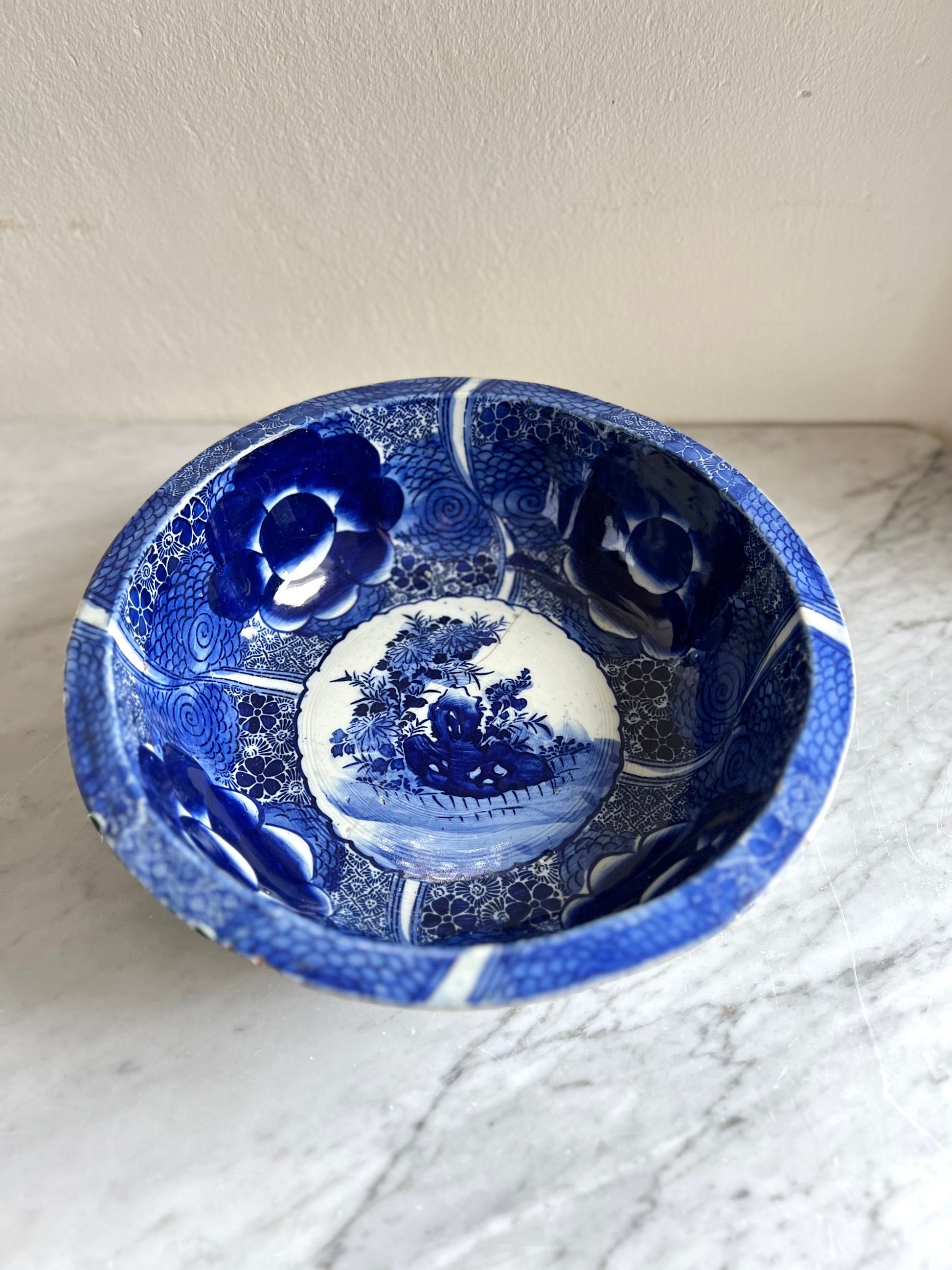 Antique Japanese Arita Bowl: 19th Century Blue and White Domburi (Flawed)