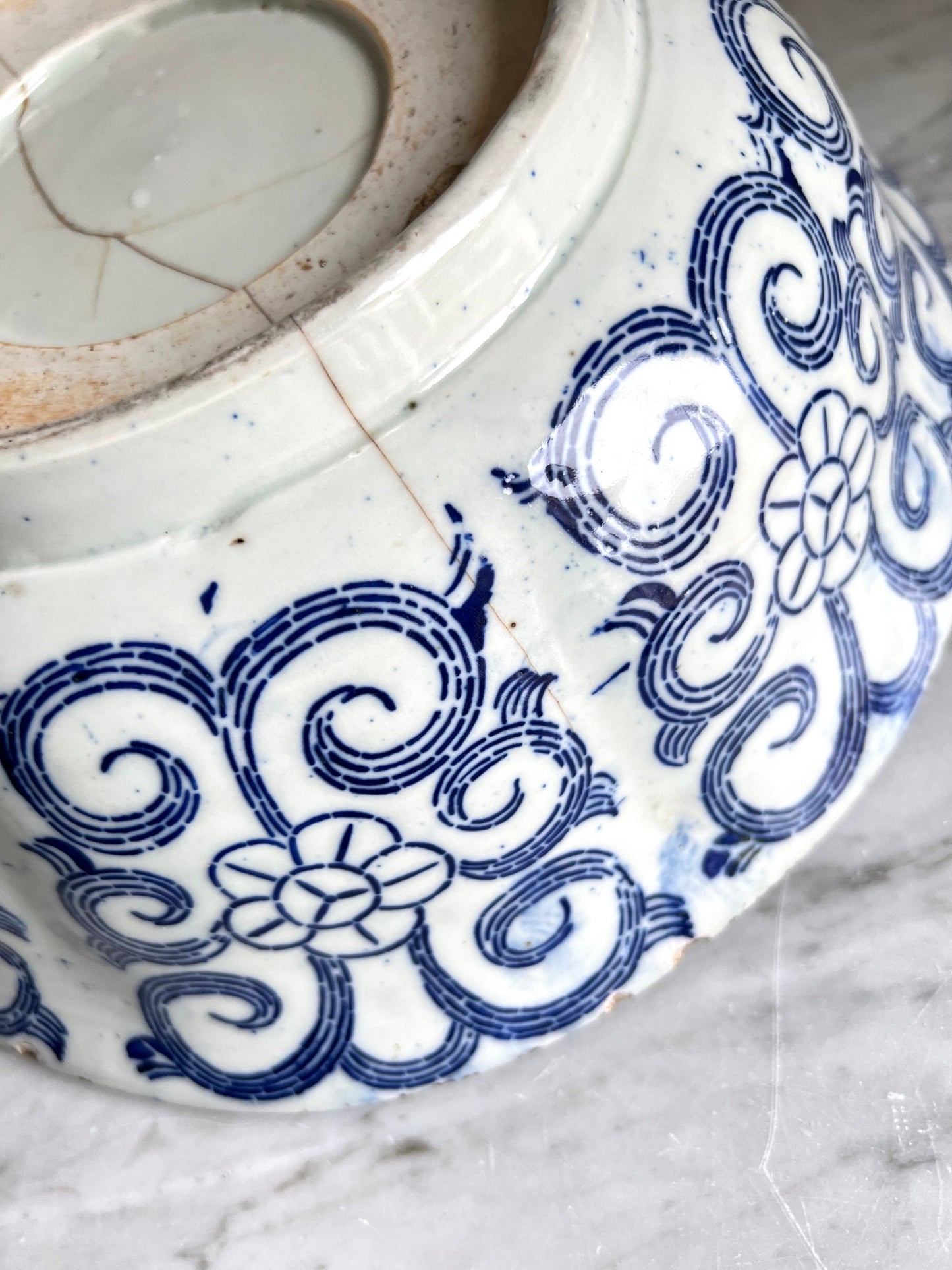 Antique Japanese Arita Bowl: 19th Century Blue and White Domburi (Flawed)
