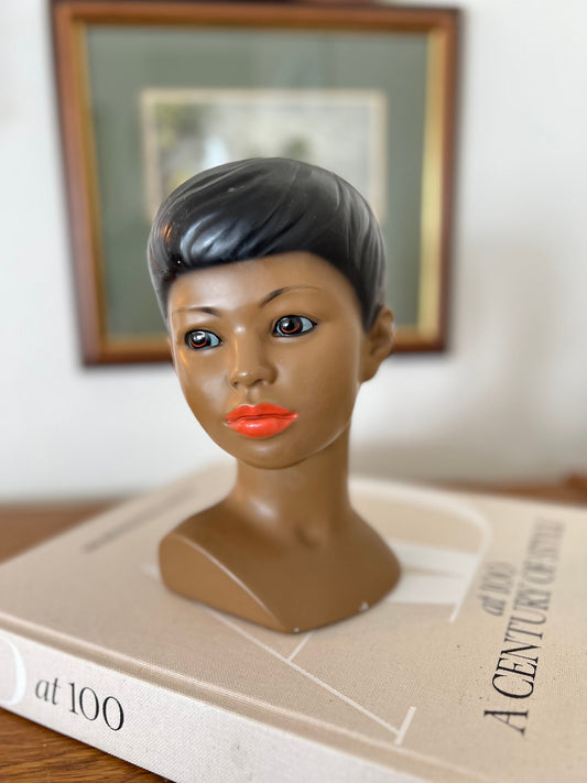 Vintage Chalkware Head Bust Sculpture by Marwal Industries, Mid Century Decor, Library Shelf Decor, Lady in Red Lipstick, Brown Skin Tone